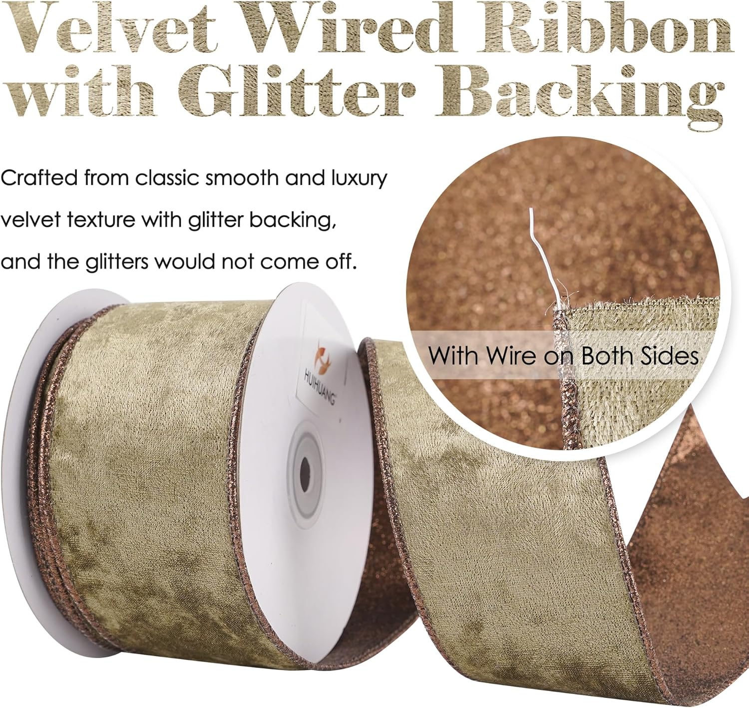 HUIHUANG Brown Velvet Wired Ribbon 2.5 inch Velvet with Glitter Copper Brown Christmas Ribbon for Tree Decorations, Bows, Wreath, Garland, Gift Wrapping, Fall Decor- Continuous 10 Yards